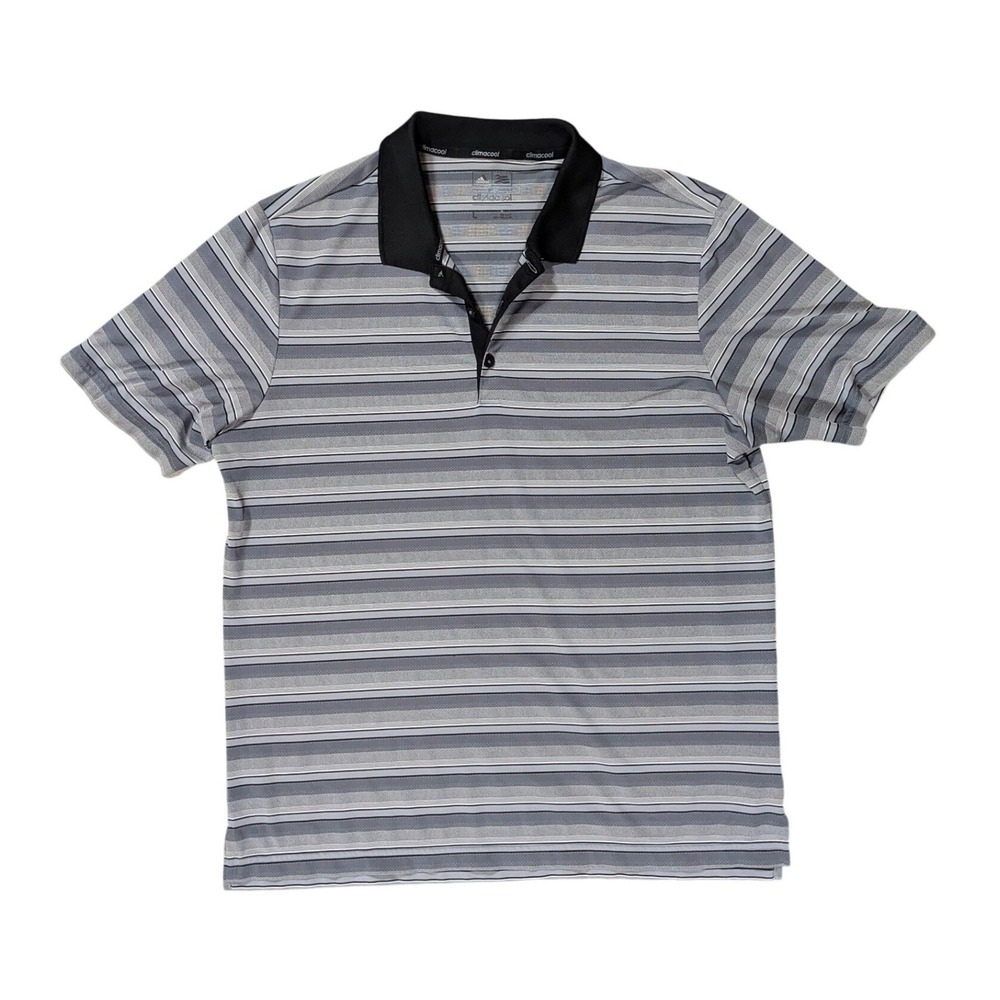 Adidas Polo Shirt Mens L Grey Climacool Striped Short Sleeve Golf Athletic